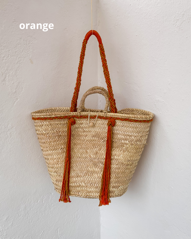 MACRAME EMBROIDERED STRAW SHOPPING BASKET - choose your color