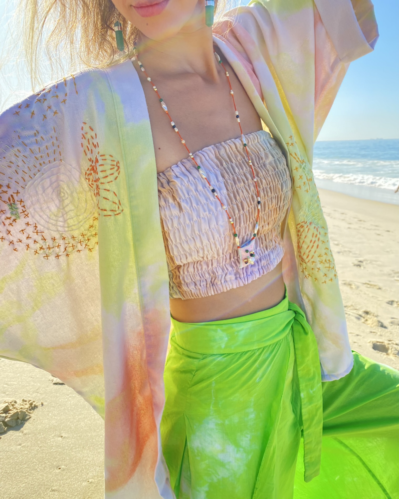 HAND-PAINTED EMBROIDERED SHORT KIMONO - pink & green