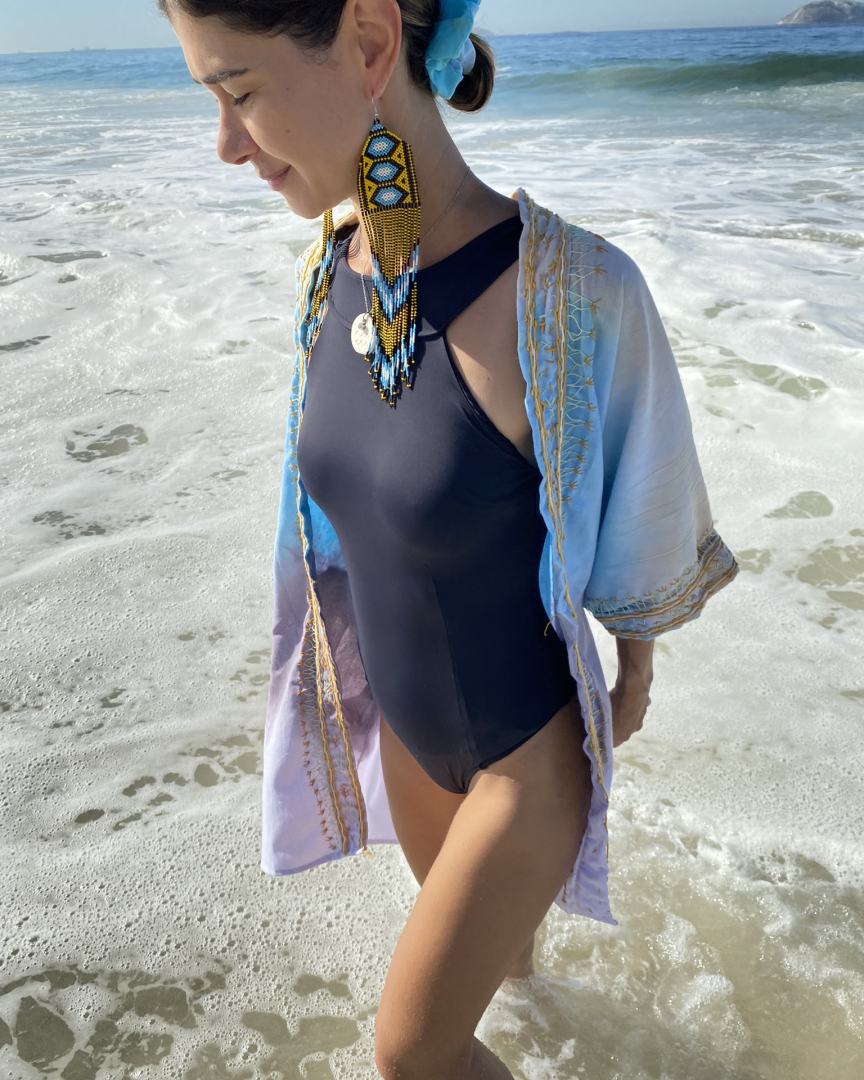 HAND-PAINTED EMBROIDERED KIMONO - color blocking